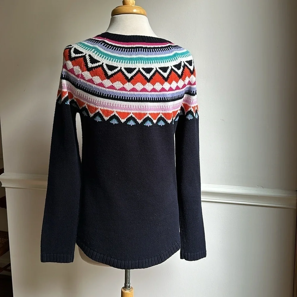 Talbots Fair Isle Sweater Crew Navy Pink Orange medium EUC